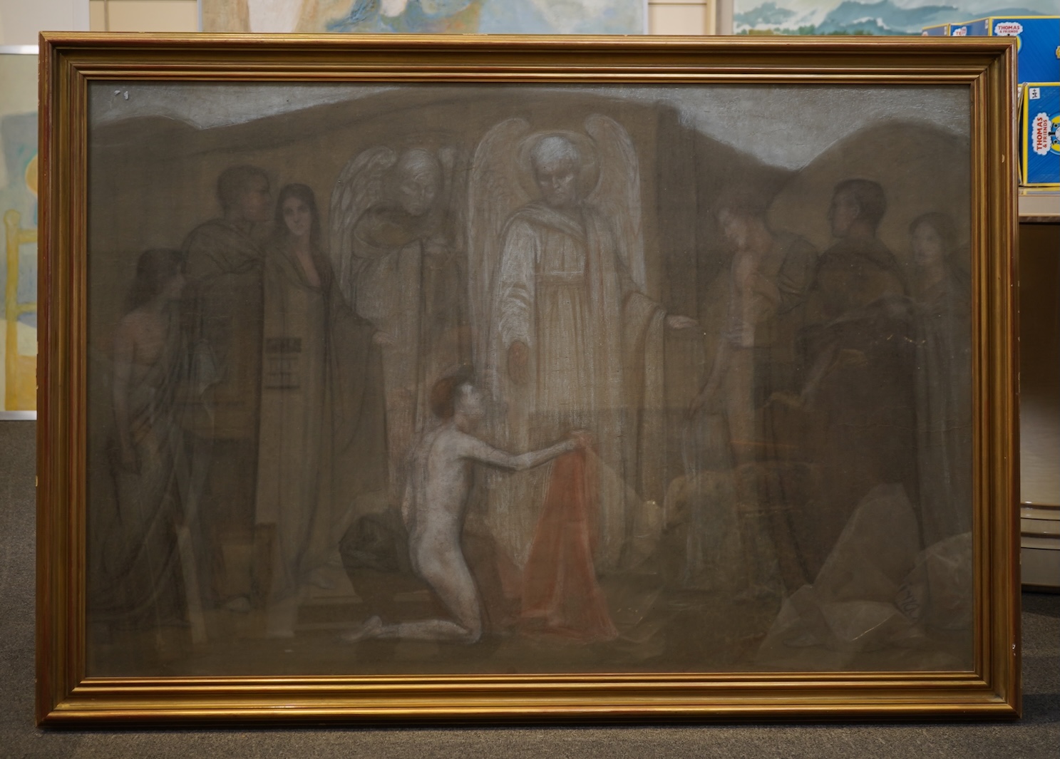 Pre-Raphaelite School , Two angels and attendant figures, conté crayon on buff paper, 82 x 122cm